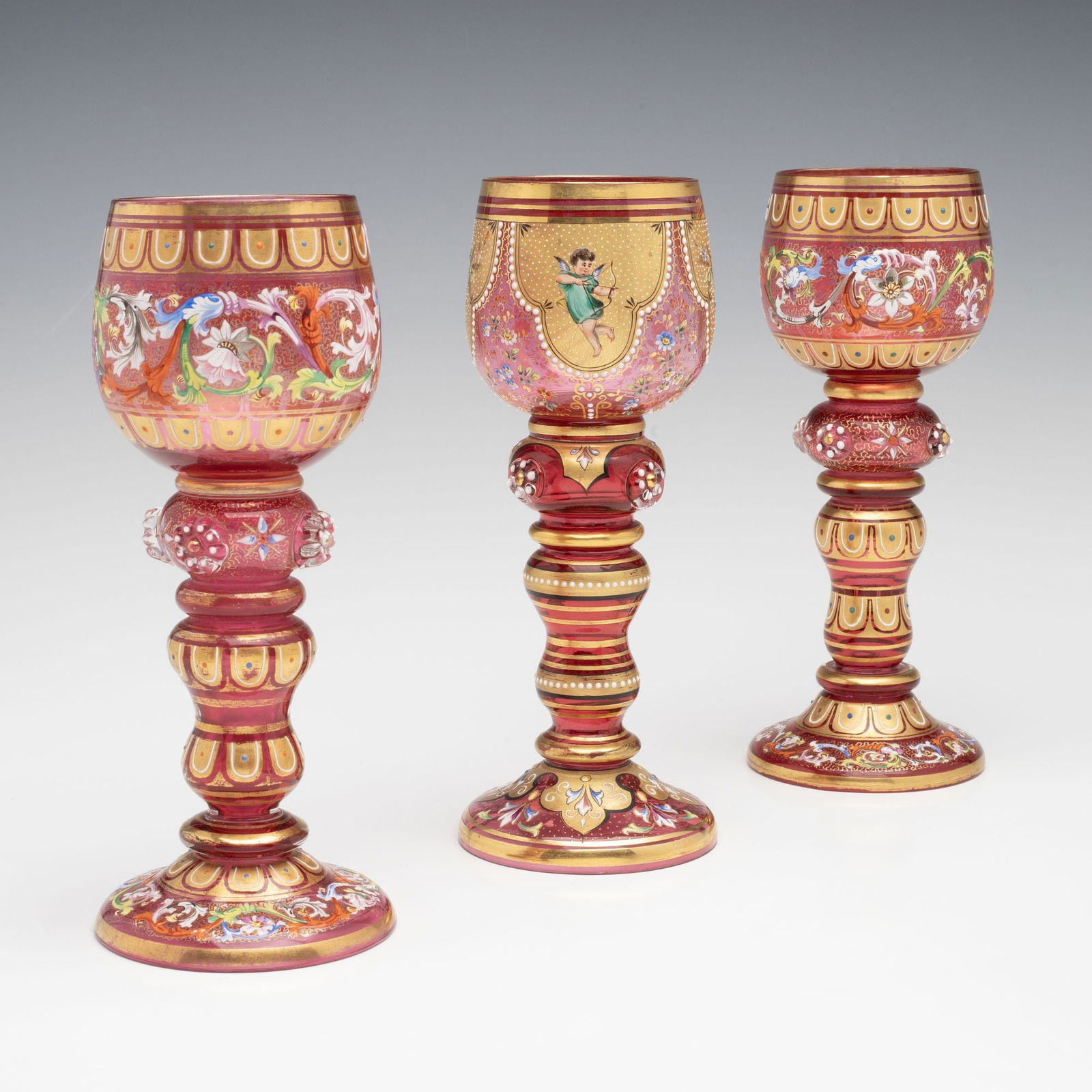 THREE FINE LUDWIG MOSER CRANBERRY GLASS WINE GOBLETS: Ludwig Moser Early 20th Century Each measures approx. 7.5 inches tall. Without proof of exemption, be aware that internet sales tax applies to all Internet transactions and local sales tax may apply t