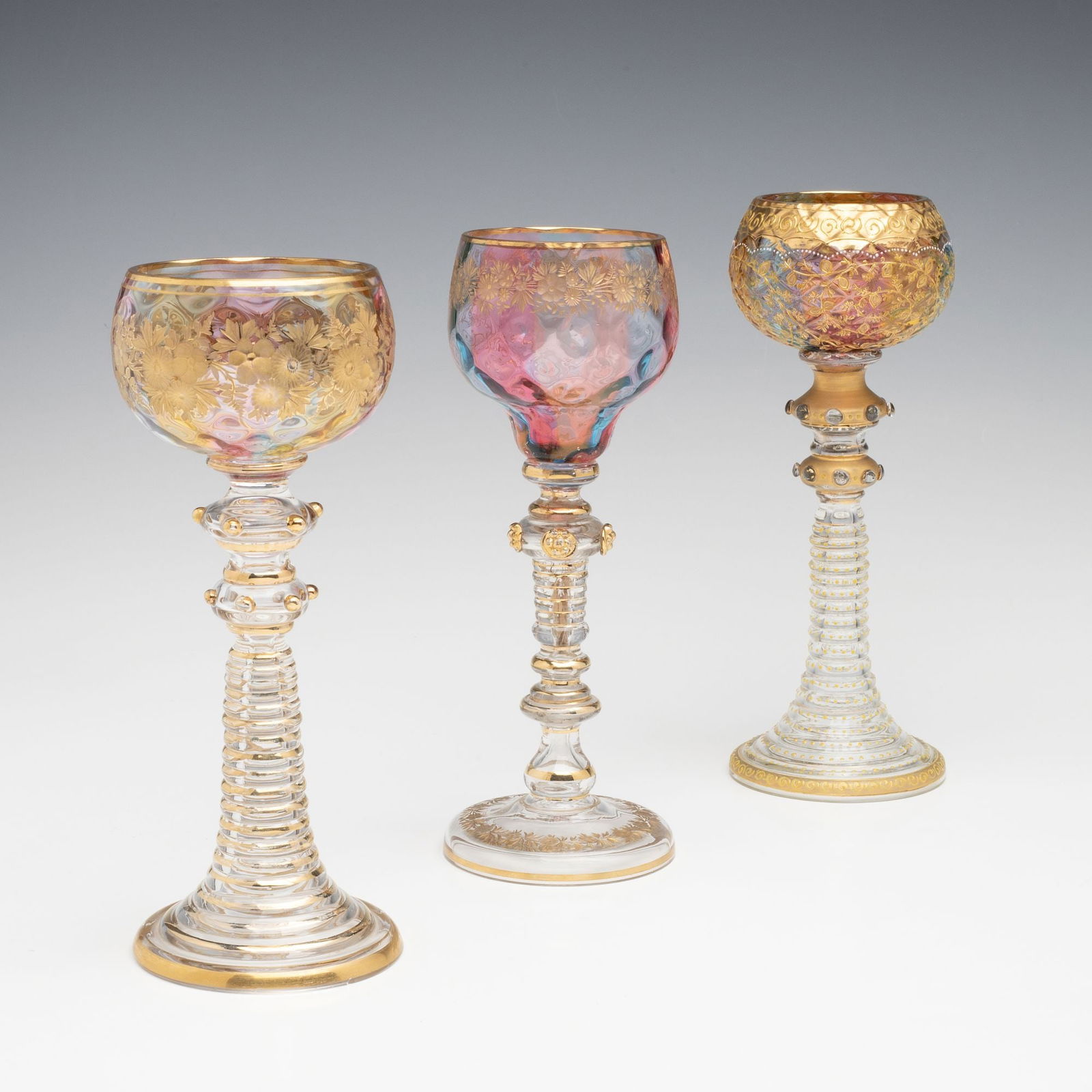 THREE RAINBOW TECHNIQUE BOHEMIAN ART GLASS WINES (1 of 14)