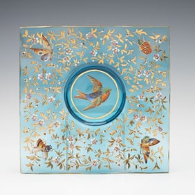 A 19TH C. MOSER BLUE GLASS TRAY WITH BIRD AND INSECTS