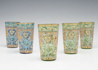 BLUE & GREEN MOSER ISLAMIC INFLUENCE ART GLASS TUMBLERS