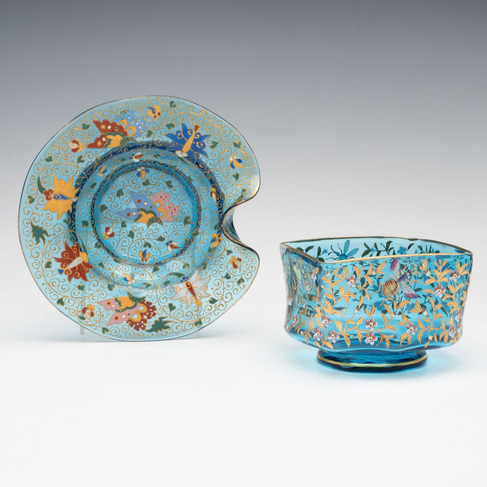 TWO MOSER BLUE ART GLASS ARTICLES WITH INSECTS (1 of 14)