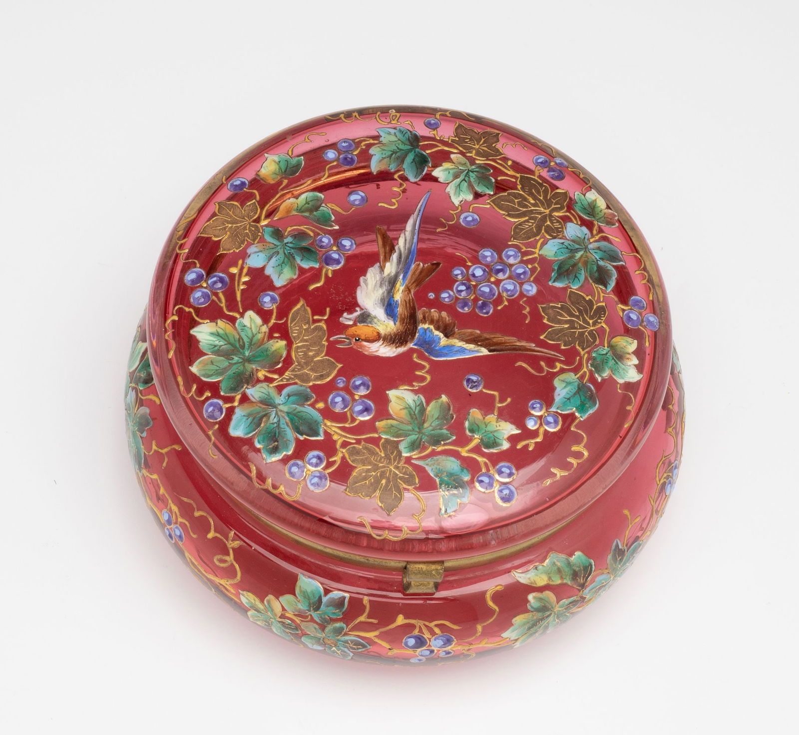 A MOSER QUALITY CRANBERRY GLASS DRESSER BOX WITH BIRD (1 of 10)