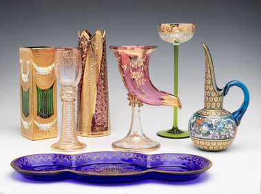 SIGNED MOSER AND OTHER BOHEMIAN ART GLASS