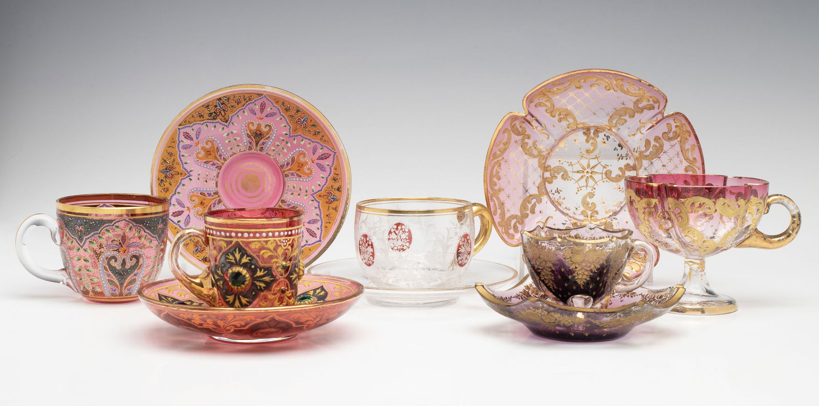 ELABORATE JEWELED MOSER AND OTHER CUP SAUCER SETS (1 of 14)