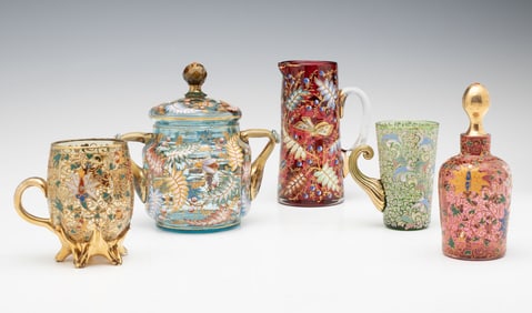 FIVE ELABORATE AND INTERESTING MOSER ART GLASS ARTICLES