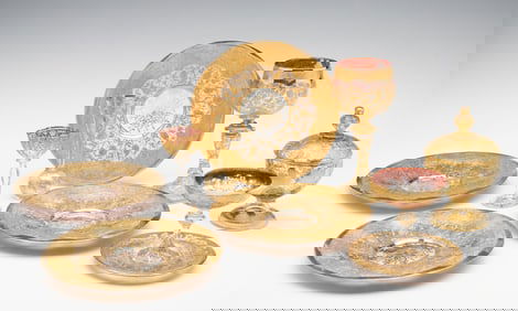 COLLECTION OF MOSER ART GLASS DECORATED IN GOLD RELIEF