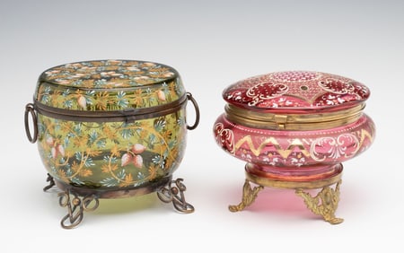 TWO BOHEMIAN VICTORIAN ART GLASS DRESSER BOXES