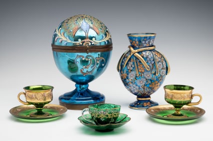 CZECH AND BOHEMIAN TANTALUS, VASE AND CUP & SAUCER SETS