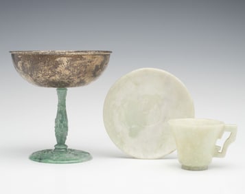 CARVED JADE CUP SAUCER AND COMPOTE WITH GORHAM STERLING