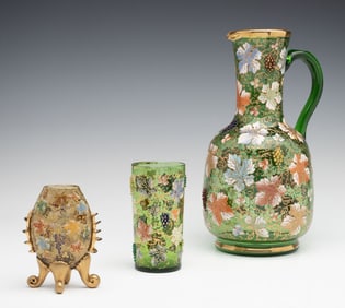 THREE MOSER ART GLASS VESSELS WITH GLASS GRAPE CLUSTERS