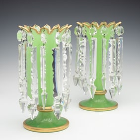 GREEN OPALINE CONTINENTAL ART GLASS MANTLE LUSTRES