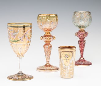 FINE MOSER GILT AND ENAMELED WINE STEM AND GOBLETS