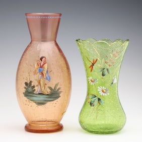 MOSER AND BOHEMIAN CRACKLE GLASS VASES WITH ENAMEL
