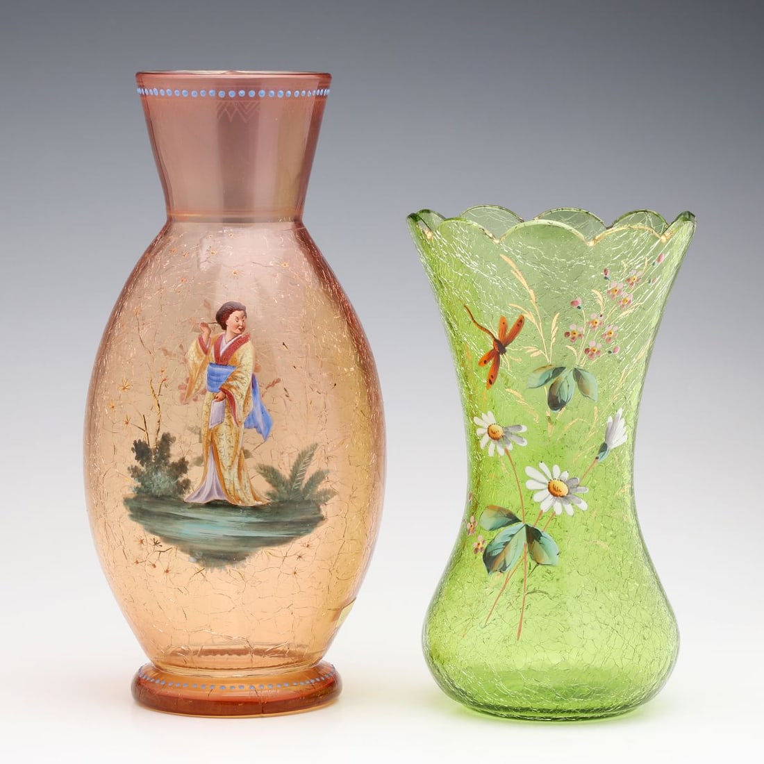 MOSER AND BOHEMIAN CRACKLE GLASS VASES WITH ENAMEL (1 of 15)