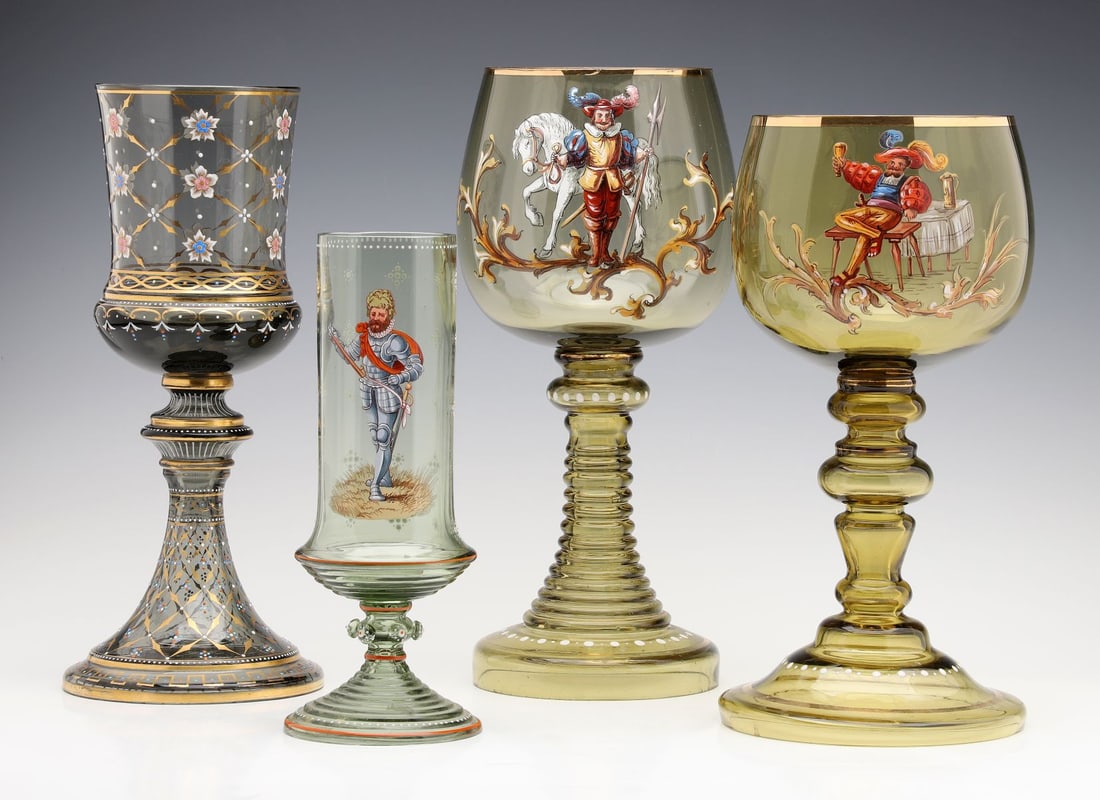 ENAMELED BOHEMIAN GLASS CHALICES AND POKAL: Ludwig Moser Early 20th Century The four nice examples are offered together as shown. Measure from 8.75 to 11.5 inches. Without proof of exemption, be aware that internet sales tax applies to all Inte