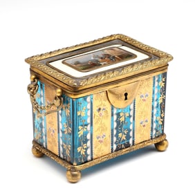 A MOSER BLUE GLASS CASKET WITH UNUSUAL PAINTED PLAQUE