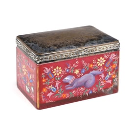 AN UNUSUAL CASED CRANBERRY BOX WITH ENAMEL DECORATION