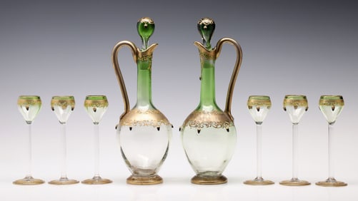 A FINE AND RARE MOSER LIQUEUR SET WITH APPLIED ACORNS