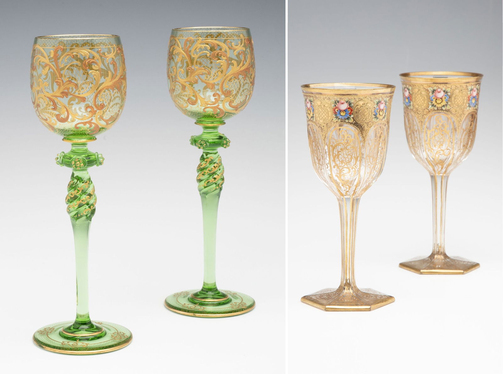 FIVE MOSER QUALITY BOHEMIAN ART GLASS WINE STEMS: Ludwig Moser Early 20th Century Three matching with bowls having circular rim finished in six flat panels that transition through the stem to the foot. The colorless crystal is decorated in gold ename