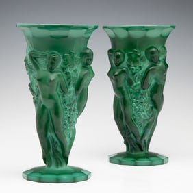 ART DECO INFLUENCE MALACHITE GLASS VASES SIGNED MOSER