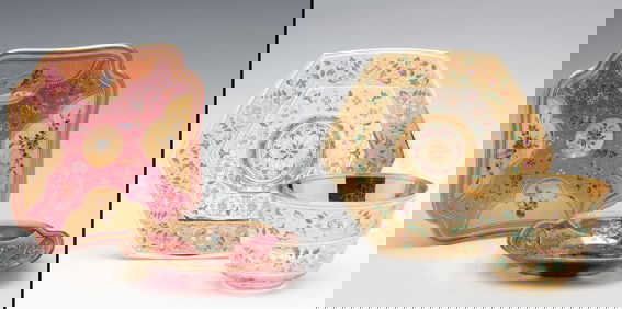 MOSER FINGER BOWL W/UNDERPLATE AND TRAYS WITH CHERUBS