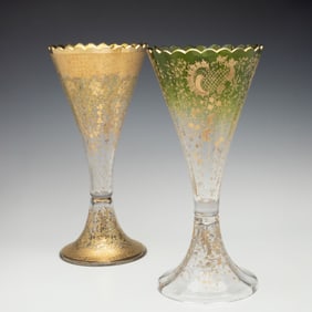 TWO 14-INCH BOHEMIAN ART GLASS TRUMPET VASES