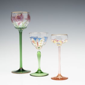 THREE DIFFERENT CONTINENTAL ART GLASS STEMS WITH ENAMEL