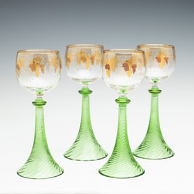 BOHEMIAN ART GLASS WINE GOBLETS WITH GRAPE CLUSTER