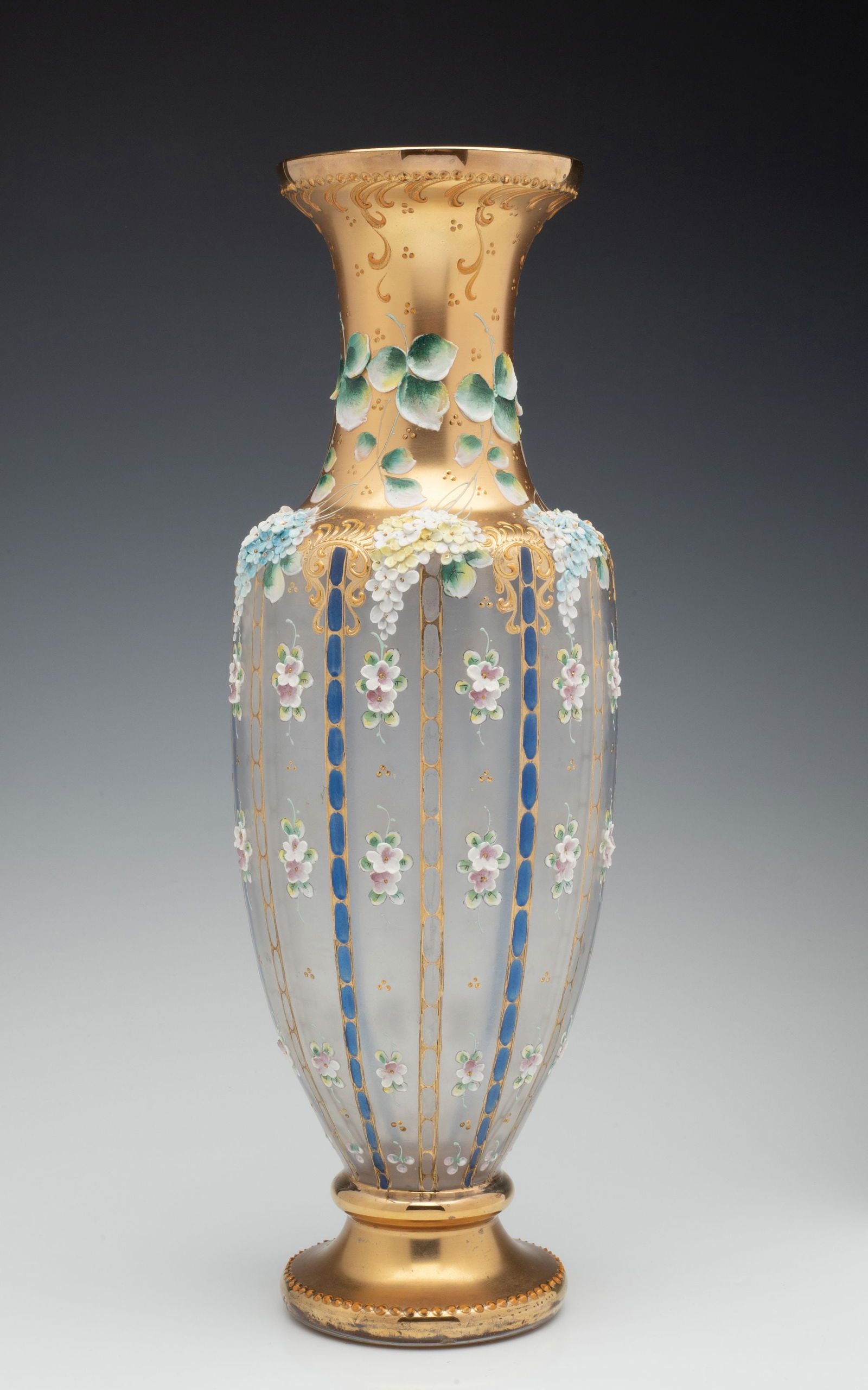 A 14-INCH MOSER VASE DECORATED IN MULTIPLE TECHNIQUES (1 of 11)
