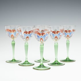 SIX CONTINENTAL ART GLASS HAND ENAMELED WINES