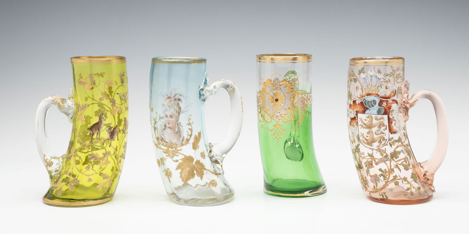 FOUR MOSER GIT AND ENAMELED ART GLASS HUNTING MUGS (1 of 15)
