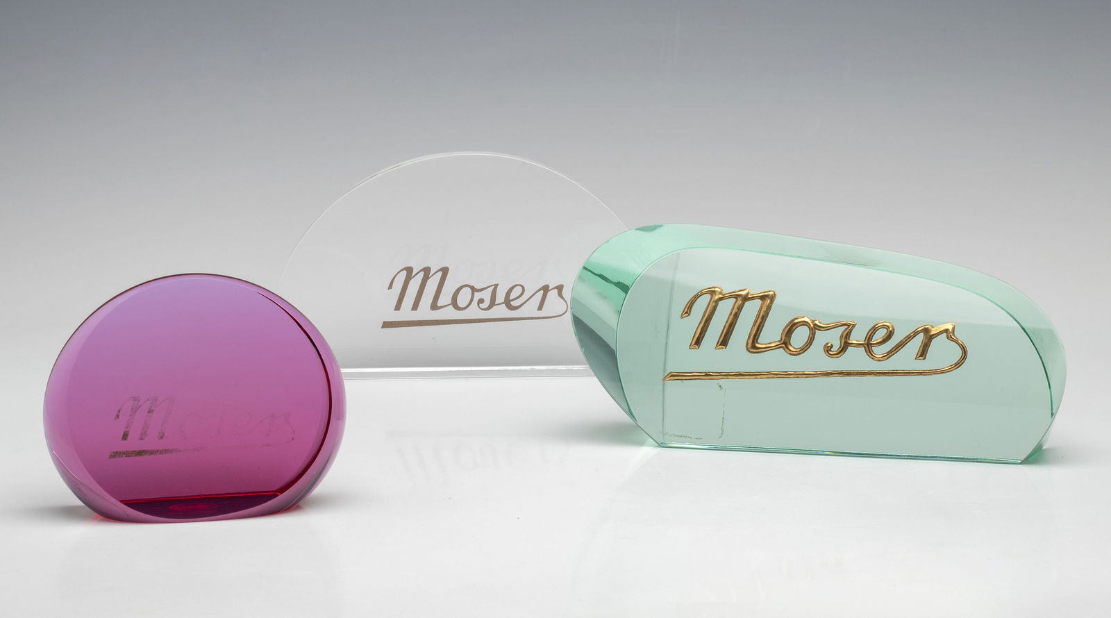 THREE HEAVY POLISHED CRYSTAL MOSER DEALER PLAQUES (1 of 15)