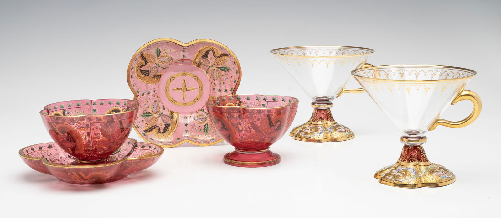 FINE AND RARE DECORATED MOSER CUPS AND SAUCERS (1 of 11)