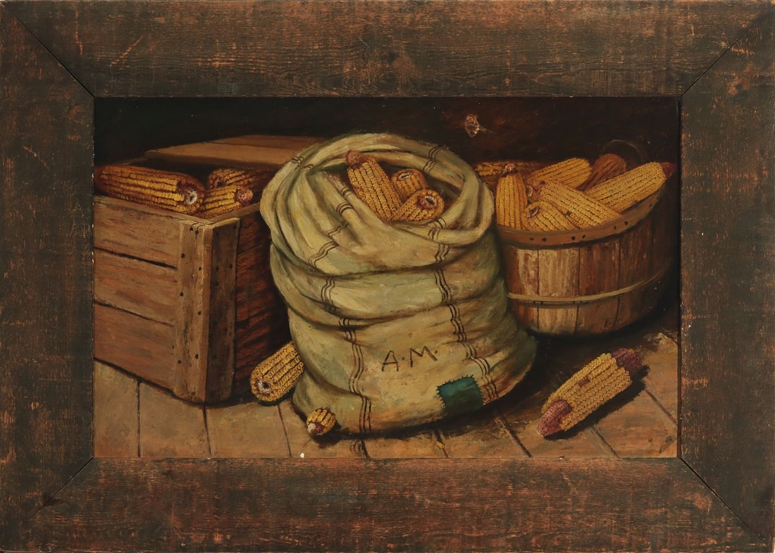 ALFRED MONTGOMERY (1857-1922) OIL ON ARTIST'S BOARD: Alfred Montgomery (Kansas, 1857-1922) A Rustic Still Life 1900 The still life composition depicts a bounty of corn with each kernel depicted individually in thick impasto, the ears stored in a crate,