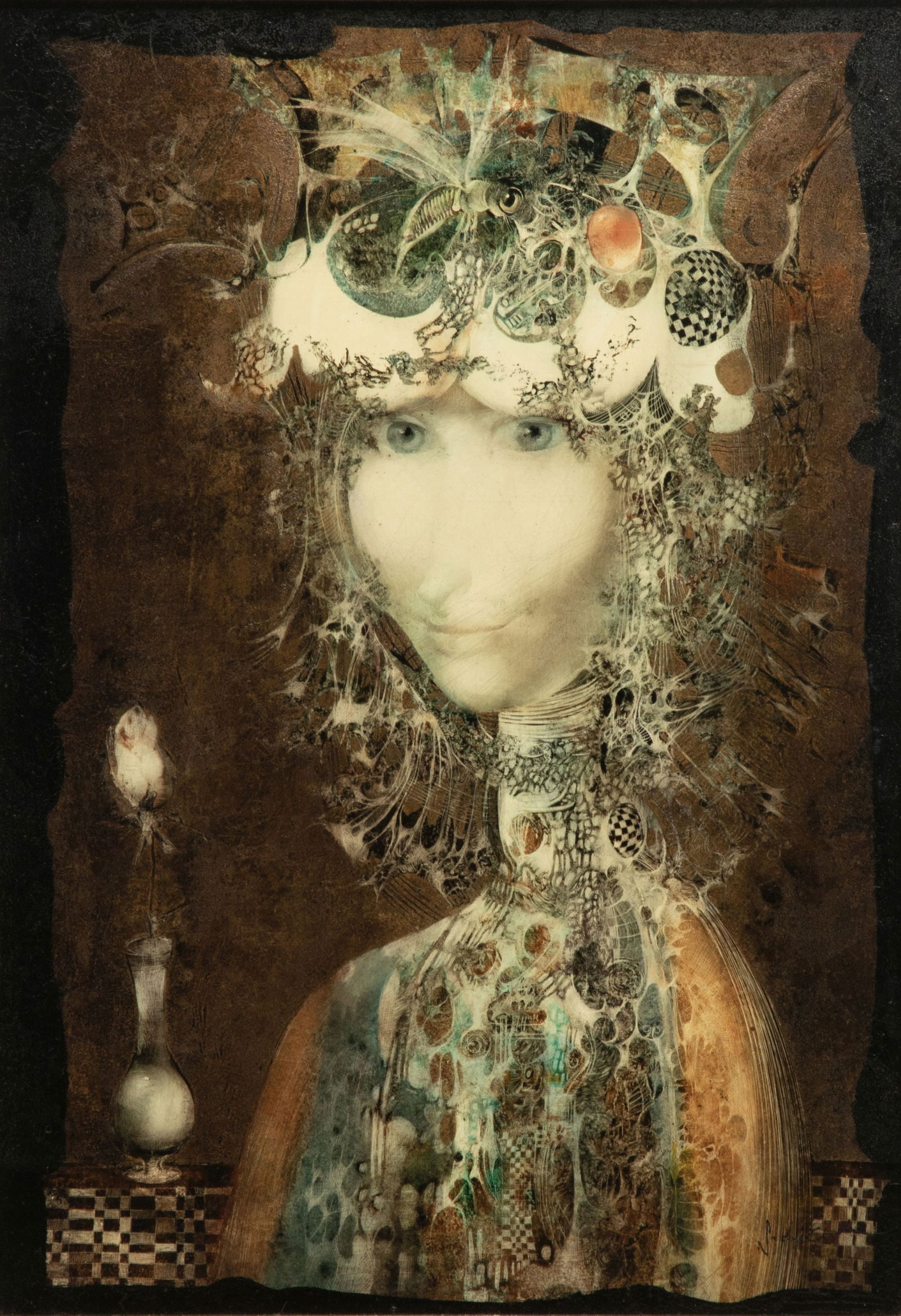 ENDRE SZASZ (1926-2003) MIXED MEDIA ON ARTIST'S BOARD: Endre Szasz (1926-2003) The mixed media with glazes and gold leaf is signed lower left in black pigment. This fine example embodies pretty much all of the artist's greatest techniques, including the g