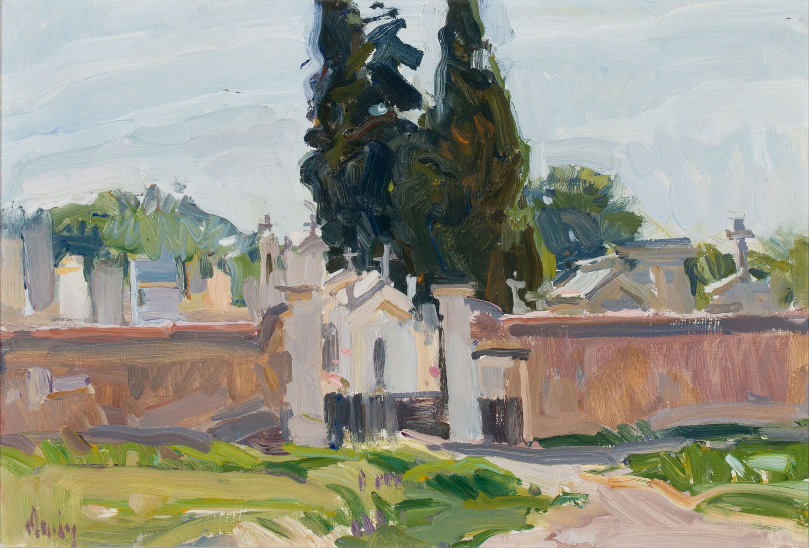 MARK DAILY (BORN 1944) OIL ON MASONITE: Mark Daily (Born 1944) Cemetery at Fuveau Late 20th Century The view of a hundreds year old cemetery near Marseilles France is signed lower left front and has additional inscriptions verso. Mark Daily
