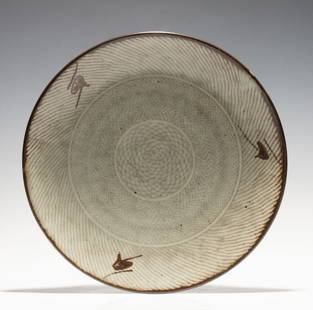 TATSUZO SHIMAOKA (1919-2007) STUDIO POTTERY CHARGER: Tatsuzo Shimaoka (Japanese, 1919-2007) Mid to Late 20th Century. The more subtly decorated example displays impressed basketry and rope like impressions as beautifully glazed and fired on the obverse