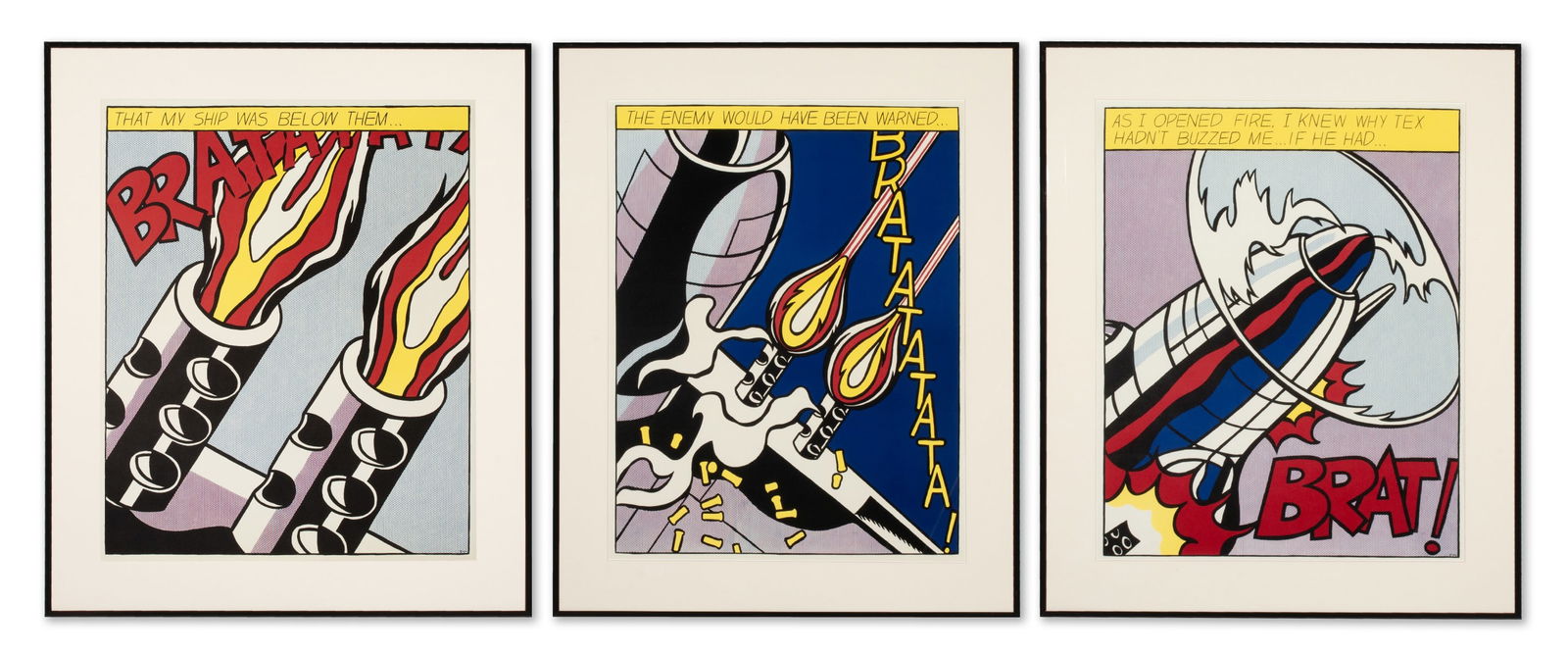 ROY LICHTENSTEIN (1923-1997) OFFSET LITHOGRAPH TRIPTYCH: Roy Lichtenstein (New York, 1923-1997) As I Opened Fire 1964 The later unsigned and unnumbered edition on coated paper. Image measures 24 x 19.5, sheet is 25.25 x 20.5, and frame is 31 x 26.25 inches.