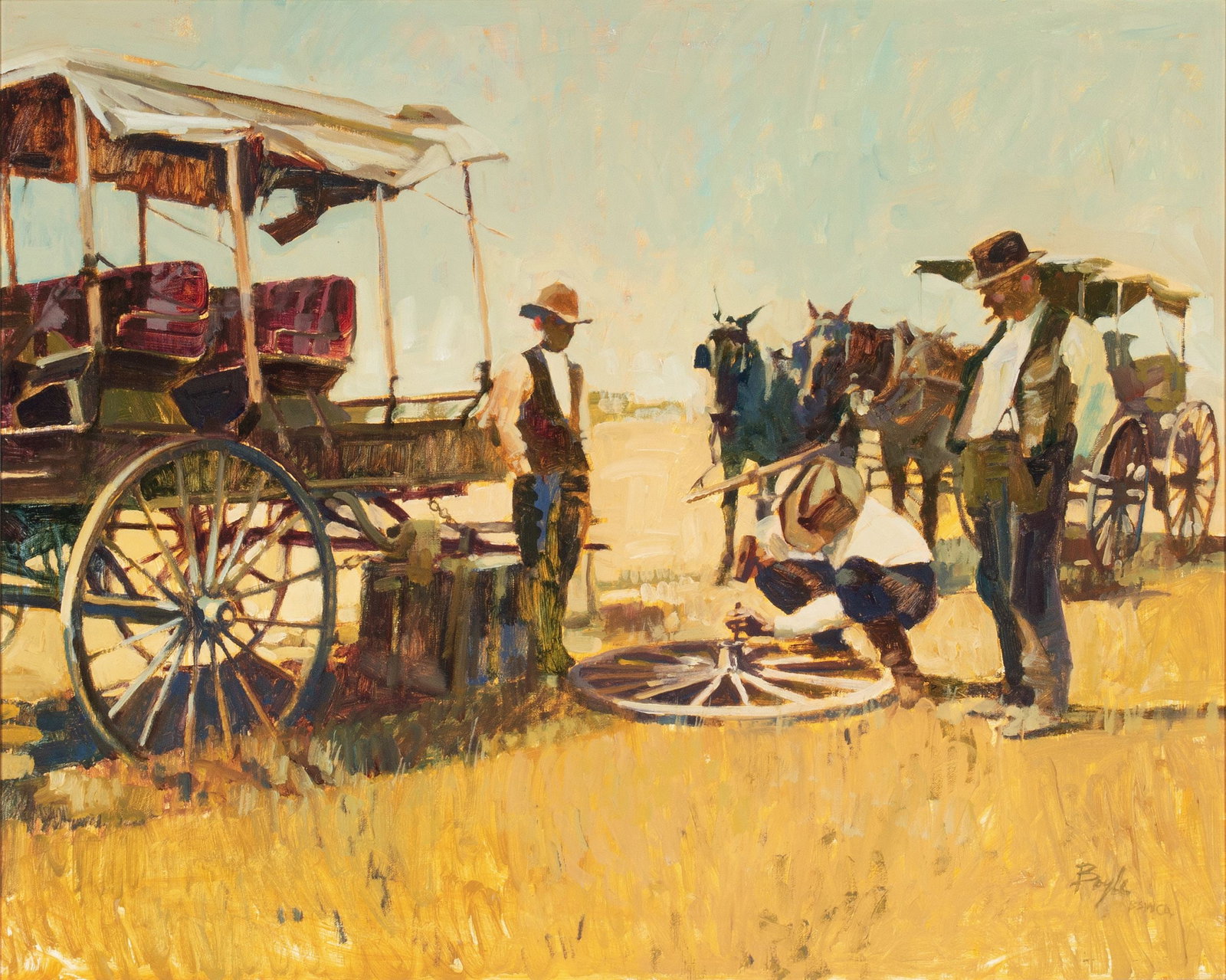 NEIL BOYLE (1931-2006) WESTERN SCENE OIL ON CANVAS: Neil (James Neil) Boyle (Canada, 1931-2006) Repairing the Hub Late 20th Century The sunlit oil on canvas composition of a Western genre scene is signed lower right front and inscribed with the tongue-
