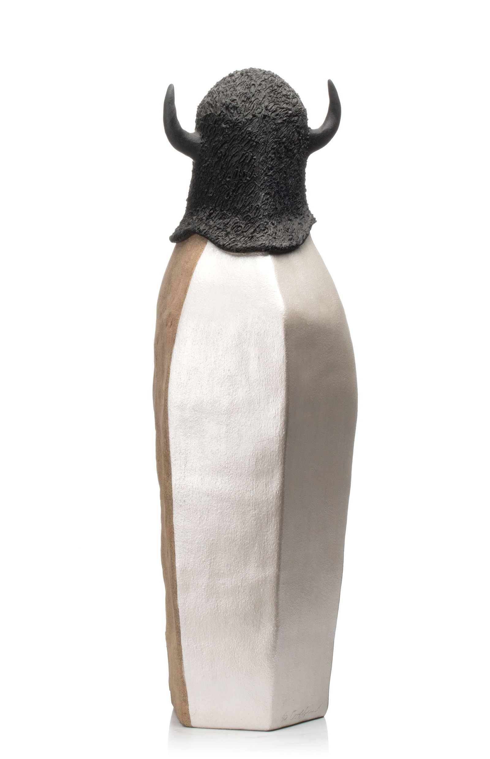 BARRY COFFIN (KANSAS 1947-2016) STONEWARE SCULPTURE: Barry Coffin (Kansas Native American 1947-2016) The abstracted figure depicted in a wearing blanket and buffalo headdress blends the modern and the traditional with its clean lines and cultural headdr