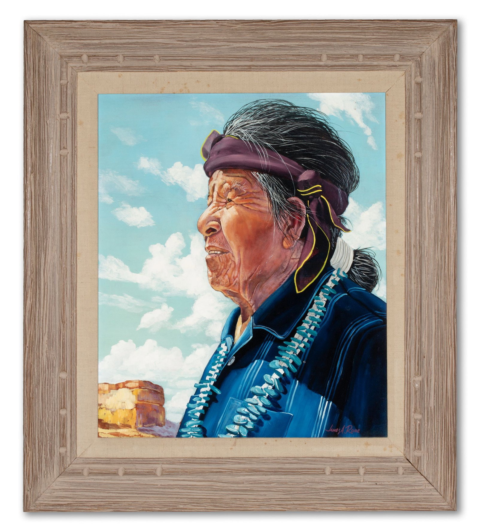 JAMES ROME (BORN 1936) OIL ON CANVAS PORTRAIT OF NAVAJO: James A Rome (Born 1936) Late 20th Century The untitled portrait of a Navajo man in sunlit Southwest landscape is signed lower right front and displayed in its original carved and pickled wood frame. 