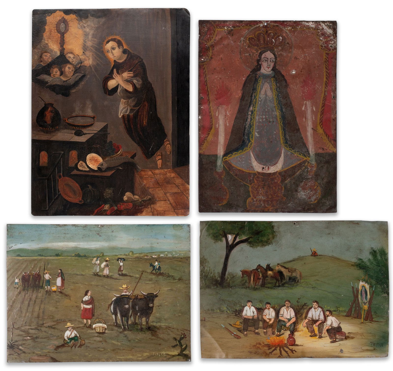 FOUR 19TH & 20TH CENT MEXICAN FOLK ART PAINTINGS ON TIN (1 of 17)
