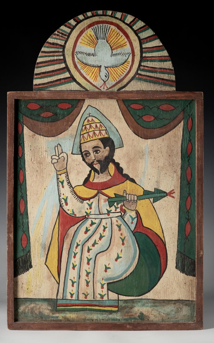 A LATE 20TH CENTURY NEW MEXICAN RETABLO IN OIL ON PANEL: The 'God the Father' devotional painting is after antique examples of New Mexican folk art. Measures 24.5 x 15.25 inches. Without proof of exemption, be aware that internet sales tax applies to all In