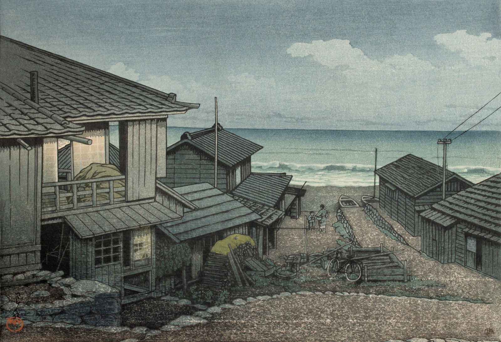 HASUI KAWASE (1883-1957) MODERN JAPANESE WOODBLOCK: Hasui Kawase (1883-1957) Cloudy day in Mizuki 1940s Stamped signature and Watanabe seal. Image measures 9.5 x 13, sheet is 10.5 x 14.25 inches. Without proof of exemption, be aware that internet sales