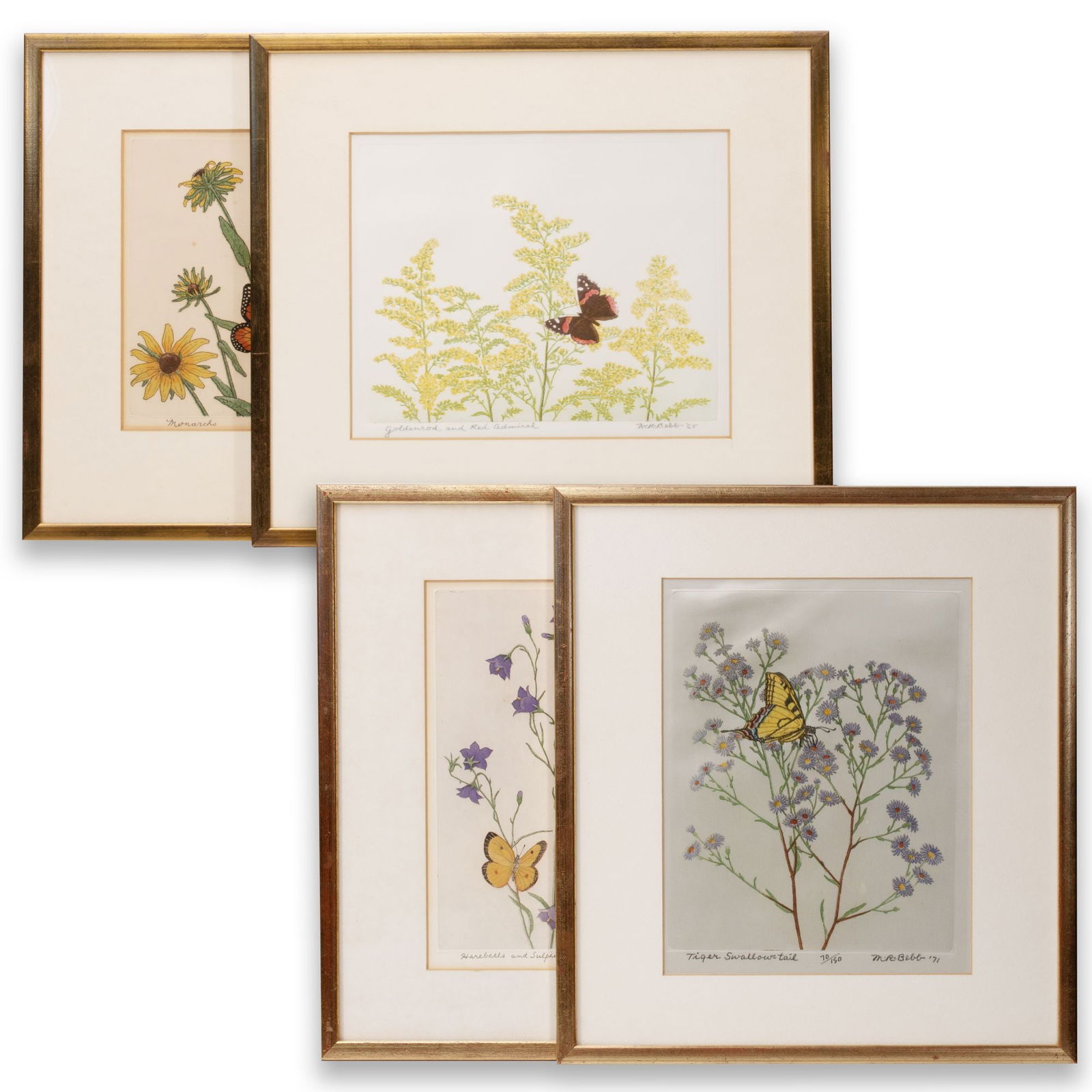 MAURICE R. BEBB (1891-1985) PENCIL SIGNED PRINTS: Maurice R. Bebb (1891-1985) 1) Monarchs (1959) The color etching on paper is signed and dated by the artist in pencil below the image lower right and titled lower left. 2) Goldenrod and Red Admiral (1