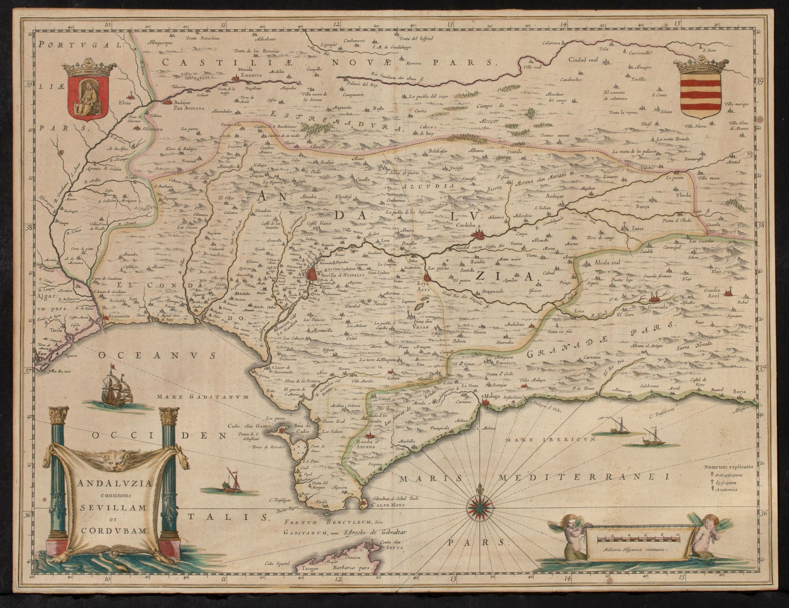 A 17C. ENGRAVED AND HAND COLORED MAP SPAIN & PORTUGAL (1 of 13)