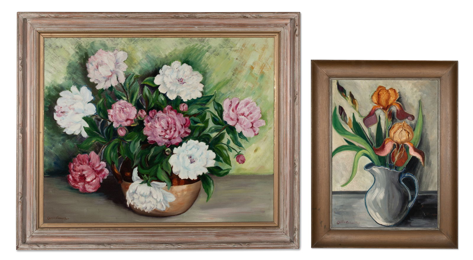 CARL FREHULFER (1900-1985) FLORAL STILL LIFE OILS (2): Carl Frehulfer (Pennsylvania, 1900-1985) Oil on canvas with peonies and an oil on masonite with irises, each work signed by the artist lower left. Canvas measures 25 x 31 with a framed size of 31.25 x