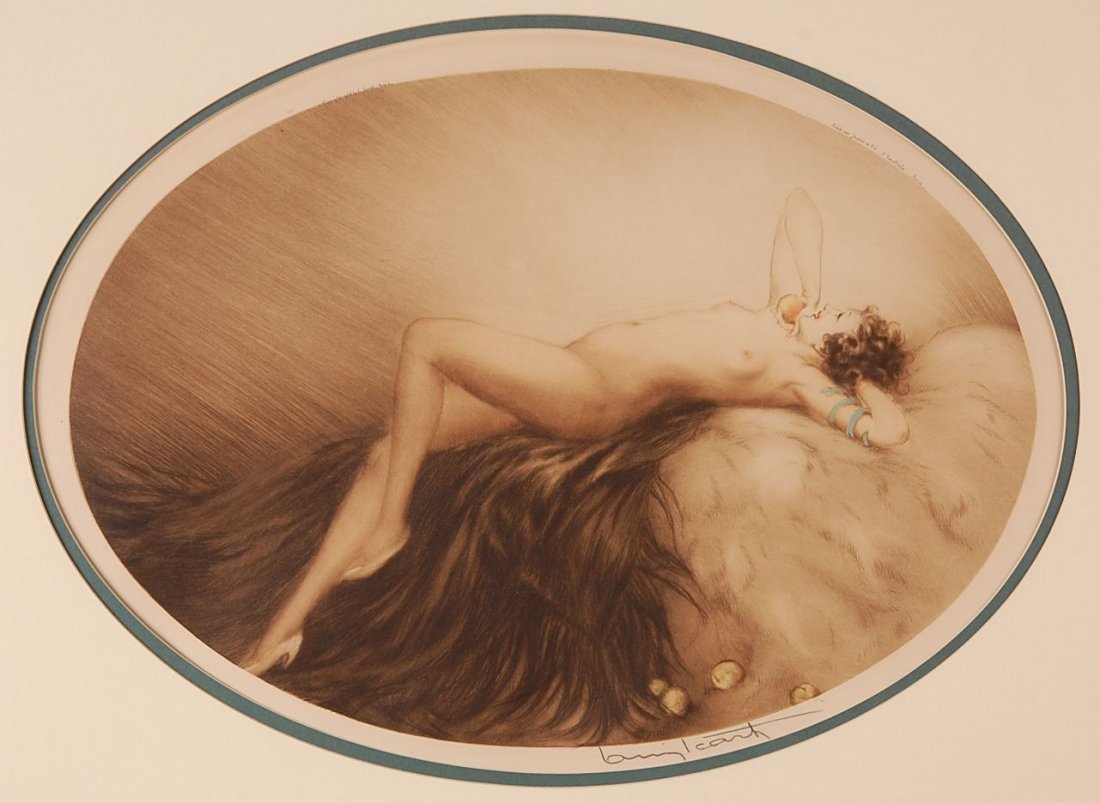 LOUIS ICART (1888-1950) PENCIL SIGNED 1928 COLOR ETC: Titled 'Eve', pencil signed by the artist lower right with copyright upper left quadrant and printer information upper right quadrant. Measures 13 x 18.5 in a 21.25 x 27 inch frame.