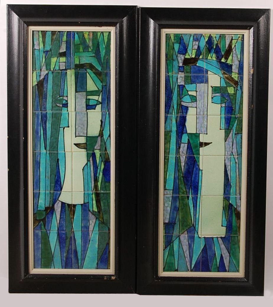 HARRIS G. STRONG (1920-2006) 12 TILE FIGURATIVE CER: Two framed 12-tile plaques depicting cubist renderings of ladies facing one another. Measures 36 x 12 in 43 x 19.5 inch frames.