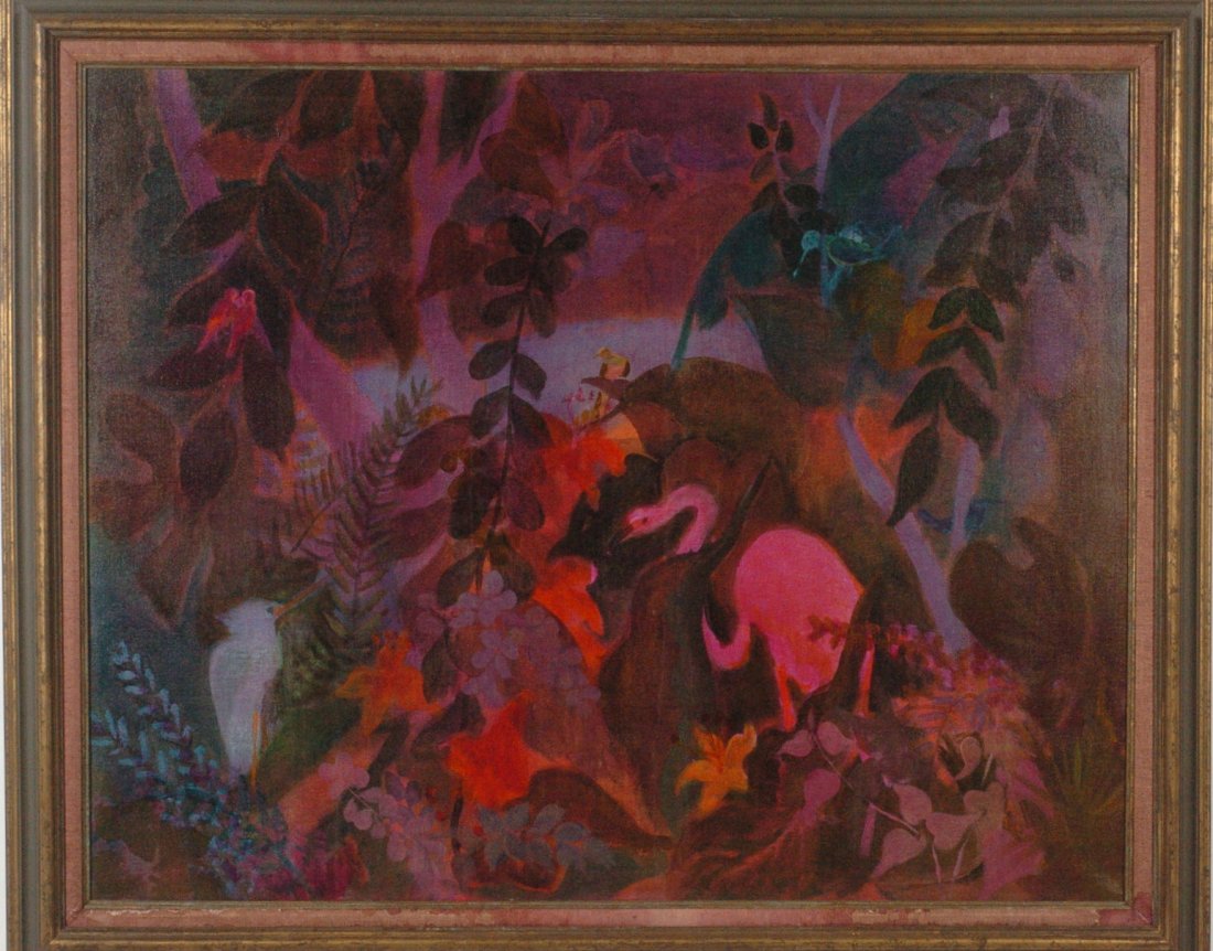 GUSTAV LIKAN (1912 -1998) ACRYLIC ON CANVAS: Unsigned, titled 'Jungle', canvas size of 40 x 50 inches with an overall framed size of 46 x 58 inches.
